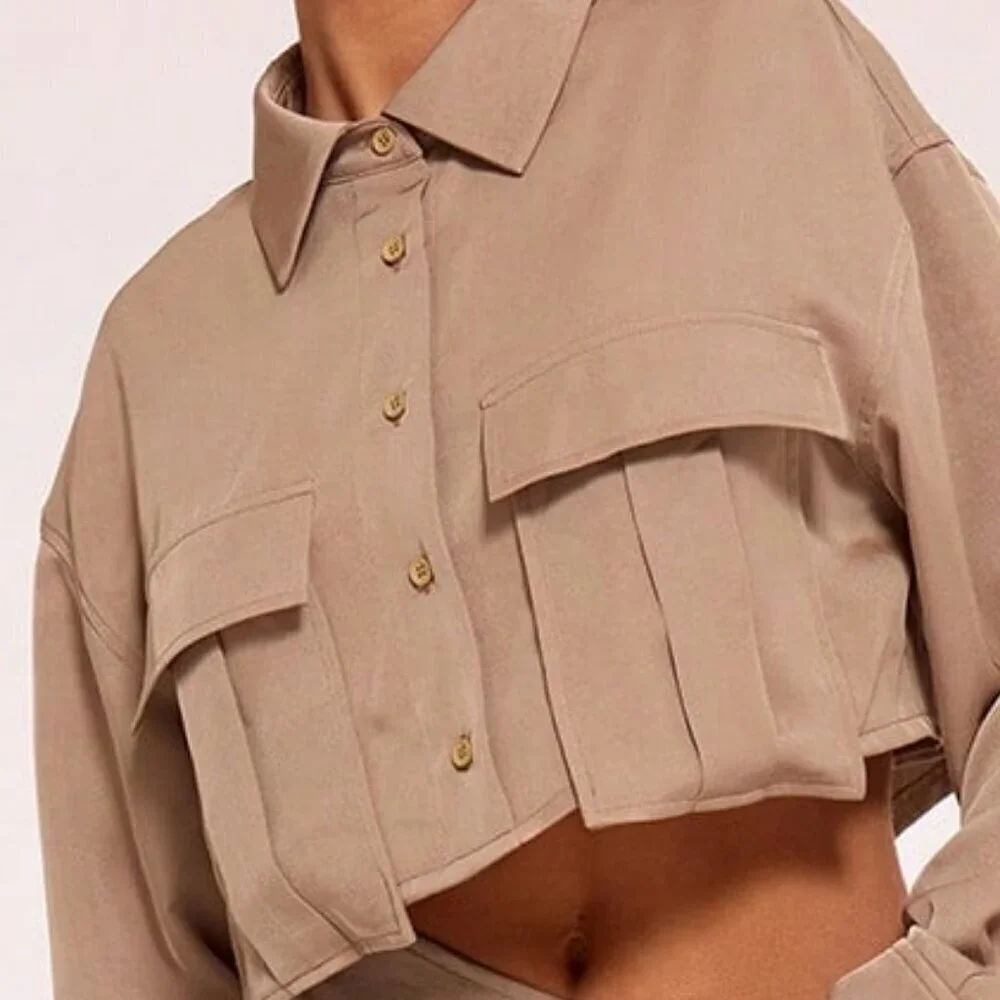Casual Women's Button Up Collared Cargo Shirt top